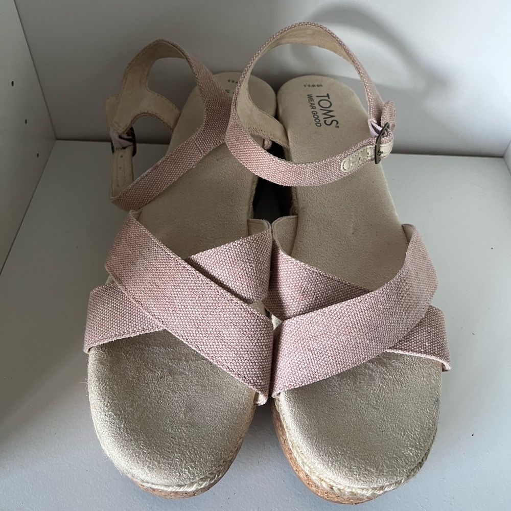 Toms Candice Strappy Cork Platform Sandal Wedge Peach Whip Chambray Canvas 9.5 - Picture 6 of 10